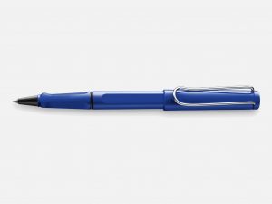 a blue lamy safari rollerball pen on a grey background